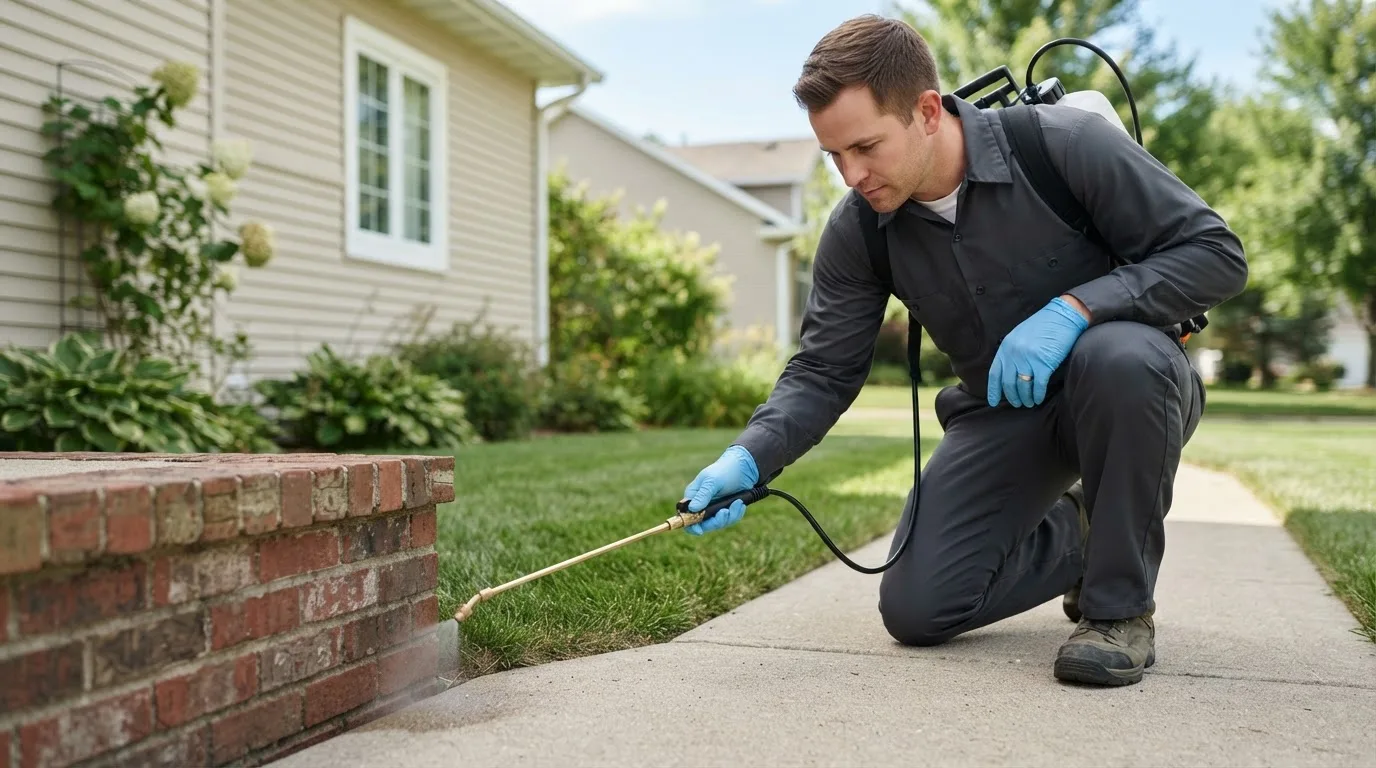 Pest control technician treating a home near Brooklyn Park, MN